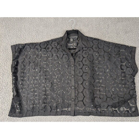 Andrea Jovine Black Lace Jacket With Linen Collar And Trim "Diamond" Accents Lrg - Picture 2 of 11